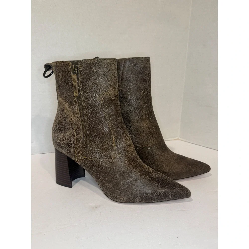 PAIGE Callen Ankle Boots Womens 9.5 Brown Distressed Leather Pointed Toe Zip